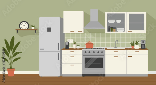Modern kitchen interior with appliances and green accents in flat design