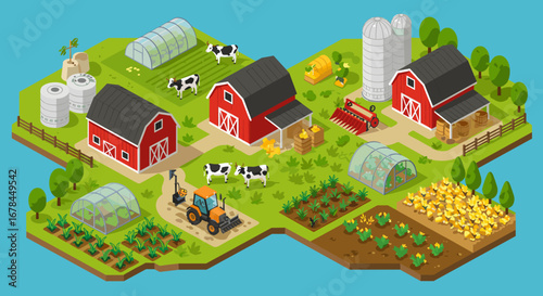 Isometric farm landscape with red barns, crops, and cows on a bright day