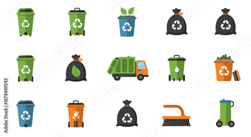 Eco-friendly recycling icons set featuring bins, bags, and trucks