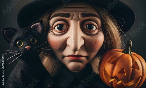 A puppet Halloween witch with pumpkin and cat