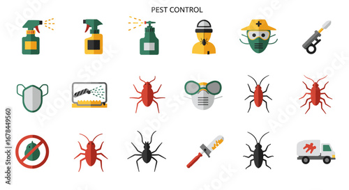 Pest control elements set featuring insects and protective equipment in flat design