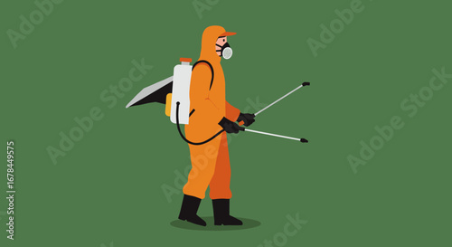 Protective suit worker with sprayer in minimalist style on green background
