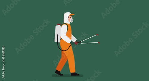 Pest control worker in protective gear using sprayer on green background in flat style