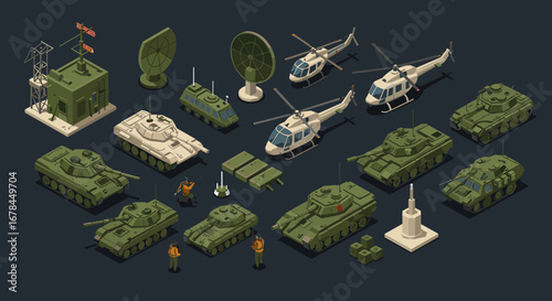 Isometric military equipment collection with tanks, helicopters, and radar