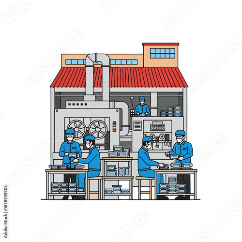 Assembly Line at Manufacturing Facility with Workers in Blue Uniforms Producing Equipment Illustration Style