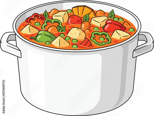 Hearty Vegetable Stew in White Pot, Colorful Flat Vector Illustration