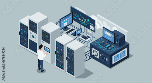 Isometric data center with server racks and it professional managing systems