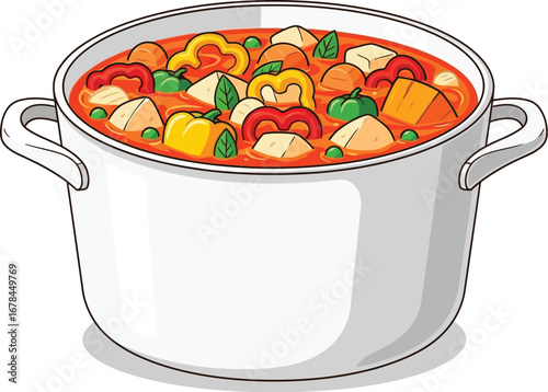 Hearty Vegetable Stew in White Pot, Colorful Flat Vector Illustration