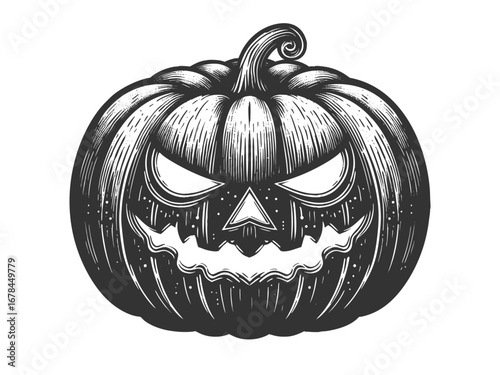 carved jack-o-lantern pumpkin with an eerie, menacing face for Halloween decoration sketch engraving generative ai vector illustration. Scratch board imitation. Black and white image.