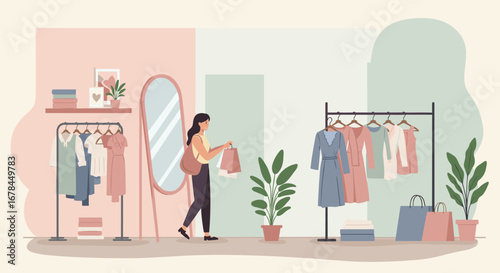 Fashion boutique scene with woman shopping for clothes in modern store interior