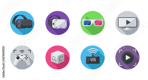Colorful tech gadgets icons set in flat design with long shadows