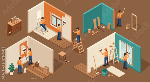 Isometric home renovation scene with workers painting and decorating interiors