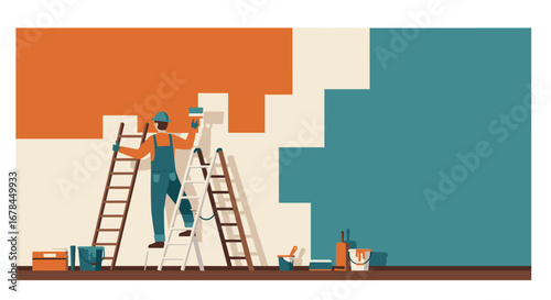 Painter on ladder creating colorful wall with bold abstract blocks