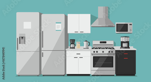 Modern kitchen appliances collection on blue background in flat design