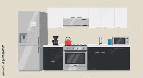 Modern minimalist kitchen with appliances and sleek design elements