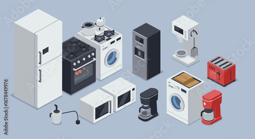 Modern kitchen appliances set in isometric style with coffee maker and microwave