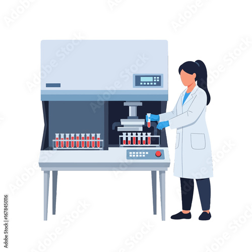 Female Scientist in White Lab Coat Analyzing Red Liquid Samples with Automated Laboratory Equipment in Sterile Environment