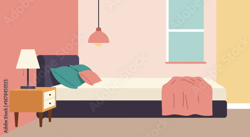 Modern minimalist bedroom interior with pastel tones and cozy decor