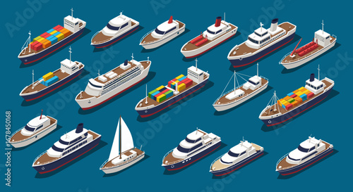 Isometric ships and boats collection on blue background for nautical themes