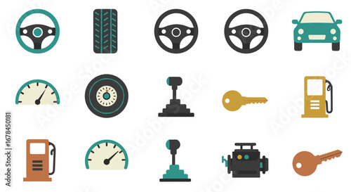 Flat style car components icons: steering wheel, tire, speedometer, gear shift, key, engine, fuel pump