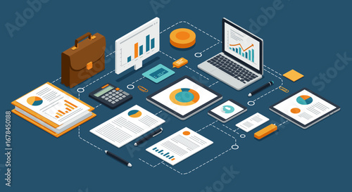 Isometric business workspace with charts and gadgets on blue background