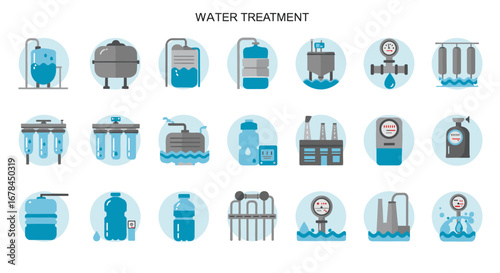 Water treatment equipment icons: flat design collection for modern utility systems