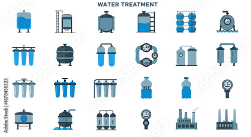 Water treatment icons set: equipment, filtration, purification process