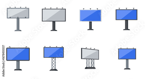 Variety of blank billboards on poles in minimalist flat style