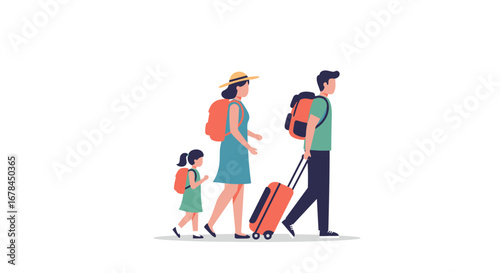 Traveling family walking with luggage in flat minimalist style