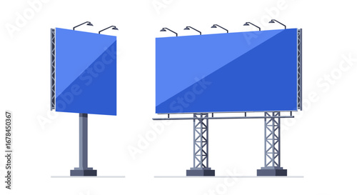 Blank outdoor billboards on metal stands with spotlights in minimalist style