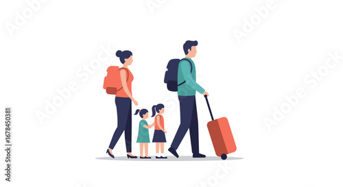 Family traveling with luggage in minimalist style