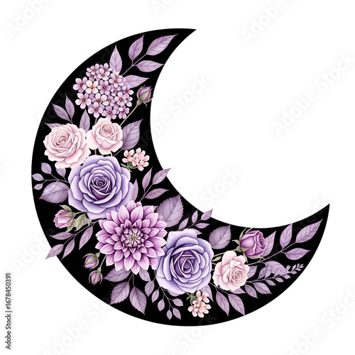  Beautiful crescent moon with an arrangement of purple and pink flowers.