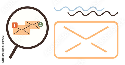 Magnifying glass over emails with alert and user icons, large envelope icon beside wavy elements. Ideal for email management, spam detection, data security, notifications, communication, analysis