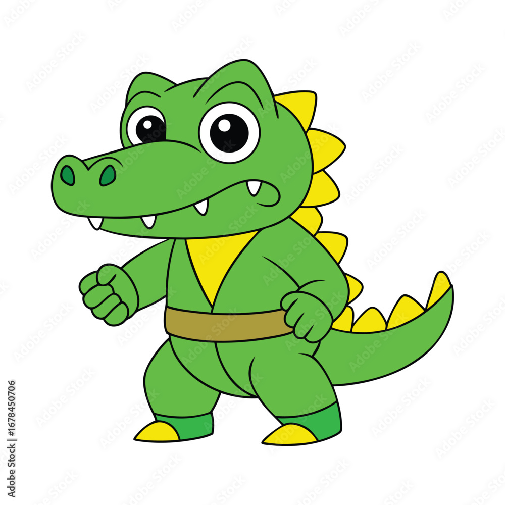Fototapeta premium A cartoon alligator in a karate uniform, Funny alligator cartoon characters wearing karate uniform