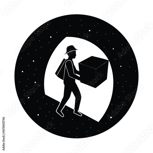 Silhouette vector man carrying a box and bag walking through a tunnel