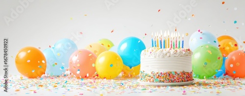 Birthday celebration with cake, balloons, and confetti