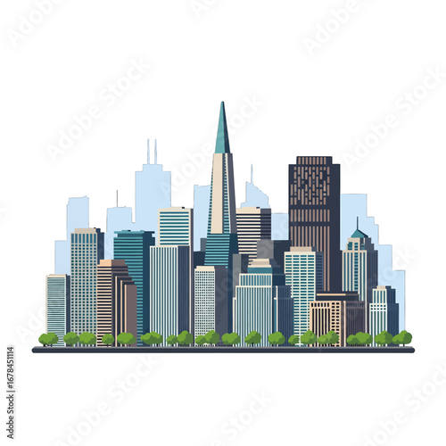 Colorful Cityscape Silhouette Featuring Modern Architecture Trees in Daytime Under a Clear Sky Urban Design