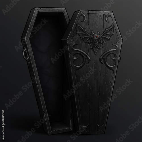 An open, dark wooden coffin with a bat motif on the lid, set against a dark gray background.