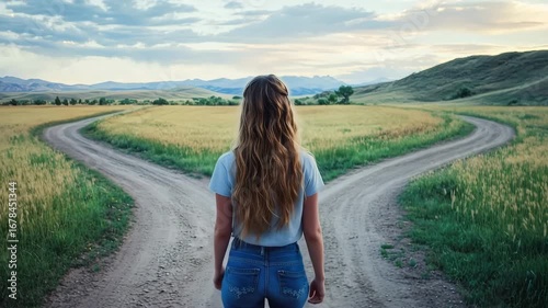 Young woman contemplating a life choice, standing at a fork in the road in a rural landscape