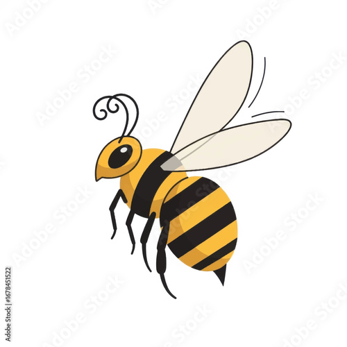 Cartoon bee flying with wings spread yellow and black stripes.