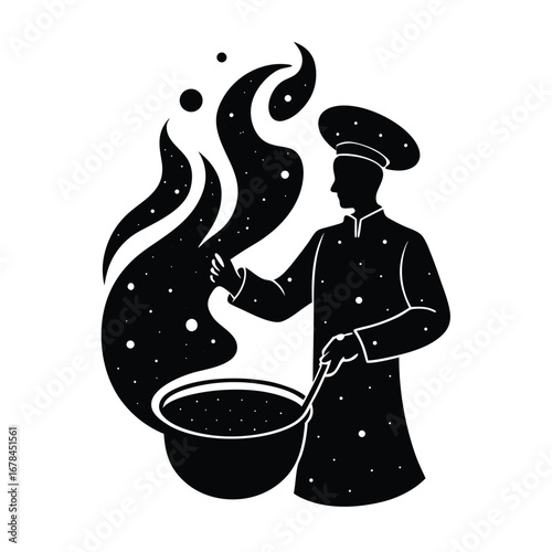 Silhouette vector chef cooking food in a pot with fire and steam