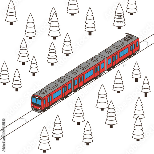 Long Red and Gray Train Through Pine Tree Forest Isometric Transportation Scene