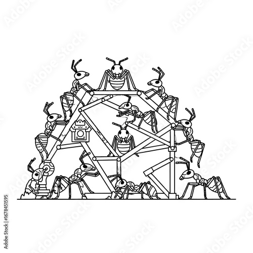 Detailed Black and White Illustration of Ants Working Together to Build a Complex Geometric Structure with Line Art Design