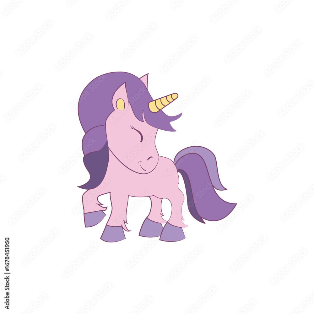 Naklejka premium Funny magical unicorn with rainbow mane. Vector cartoon character illustration.