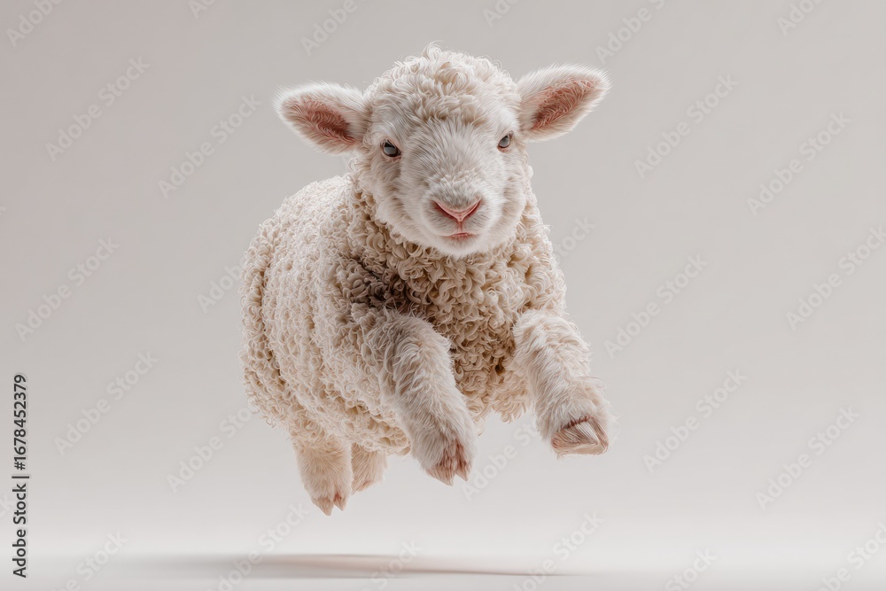 Fototapeta premium Fluffy lamb in mid-air leap