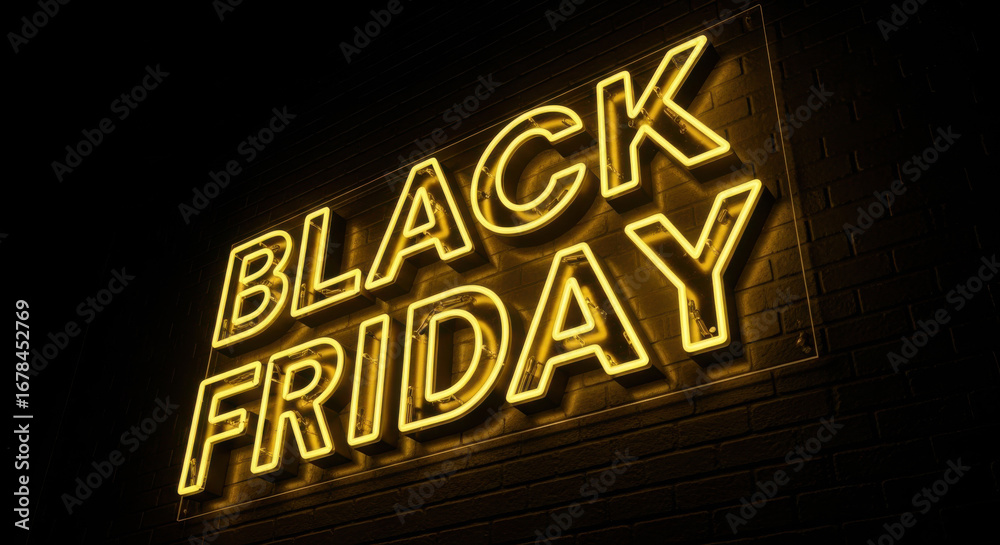 Fototapeta premium Bright yellow neon sign illuminates the words black friday in the dark
