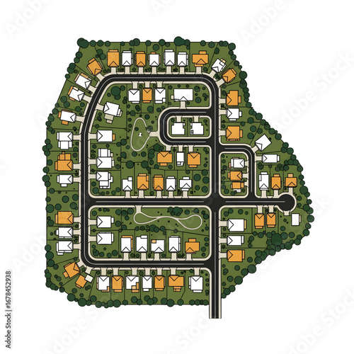 Detailed Aerial Plan of Residential Area with Roads Houses and Green Spaces in a Geometric Design