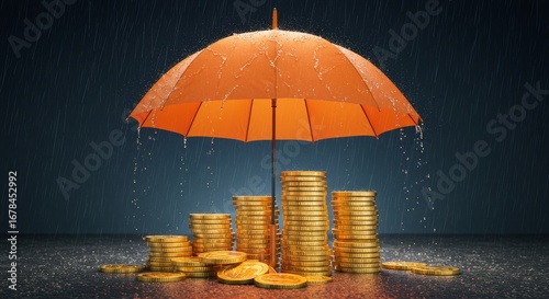 Wallpaper Mural Financial safeguard with orange umbrella protecting gold coins during a downpour Torontodigital.ca