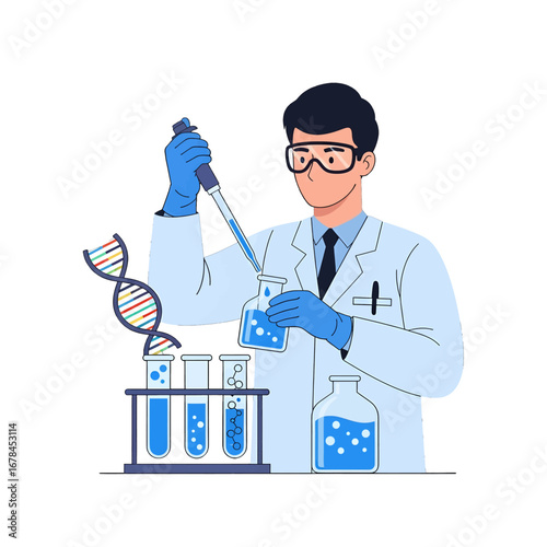 Scientist in Lab Coat Conducting Experiment with Blue Liquid and Flasks alongside Dna Model for Medical Innovation and Scientific Discovery