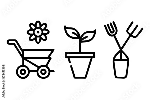 Gardening tools and plants in outline style